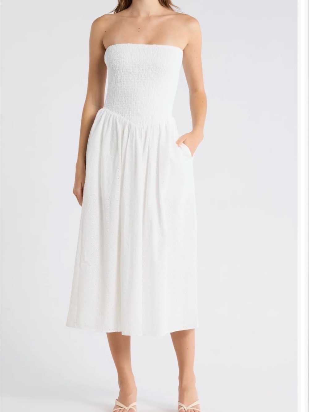 WAYF  Strapless White Smocked Midi Dress